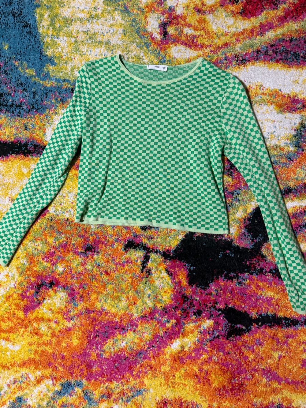 Green Checkered Glittery Long-Sleeve Sweater